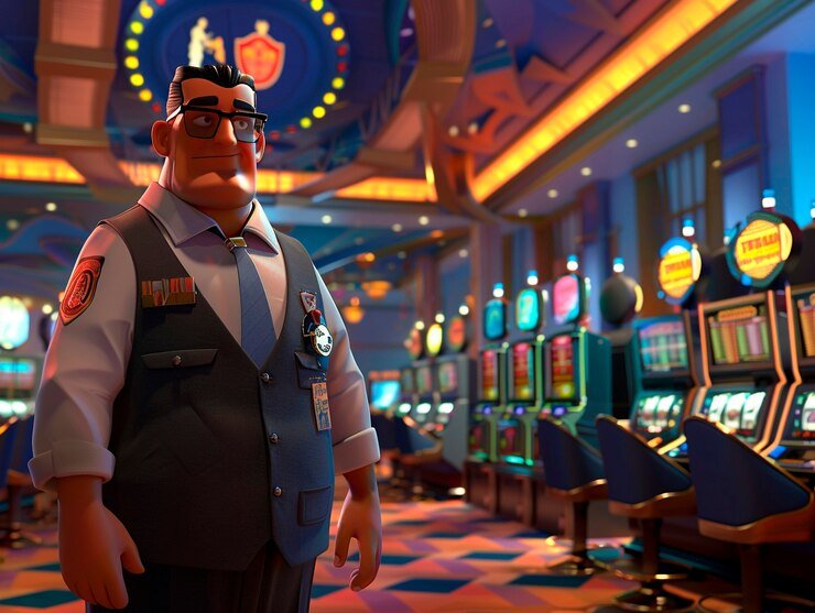 Peringatan responsible gaming dengan ilustrasi kontrol diri dan hiburan bertanggung jawab